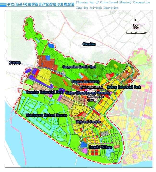 A map of the planned transformation of land adjacent to Tuopu and in the northwest Shantou region, which would turn the area into one with a heavy Israeli presence. An “Israel Town” (marked as “Israeli Village” here) is planned for Israeli faculty and families and as a tourist destination in Shantou, in an area immediately northwest of the Queshi Bridge and across from the “Xiao Gongyuan” historic section of the city.